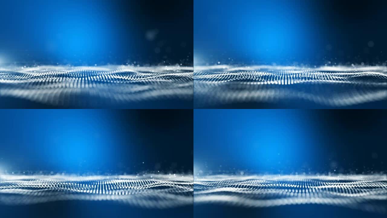 动画背景蓝色或深蓝色显示白色扭曲线运动。有连续的球形颗粒上下浮动。