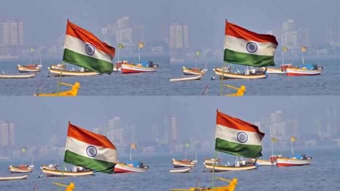 在渔船上挥舞着印度国旗的慢动作镜头