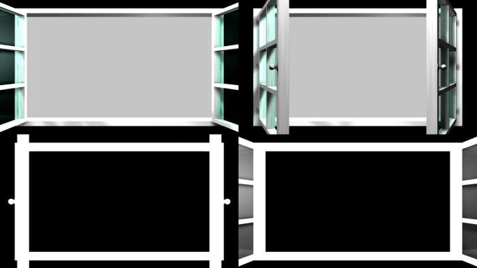 具有打开和关闭的玻璃前视图的白色窗口的3D动画。此序列可以用作视频中的过渡效果