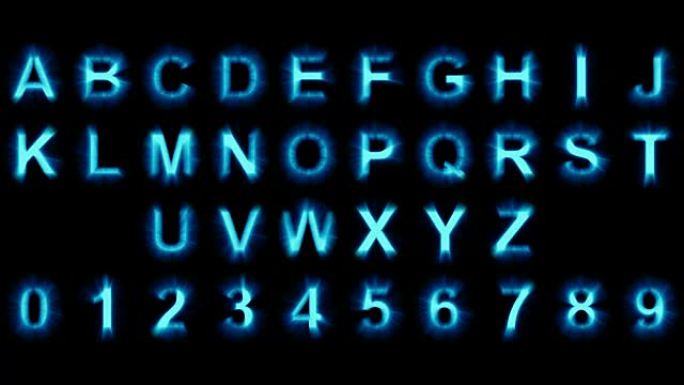 浅色字母和数字-冷蓝光-强烈闪烁和强烈闪烁动画循环-包括精确选择的网格-隔离
