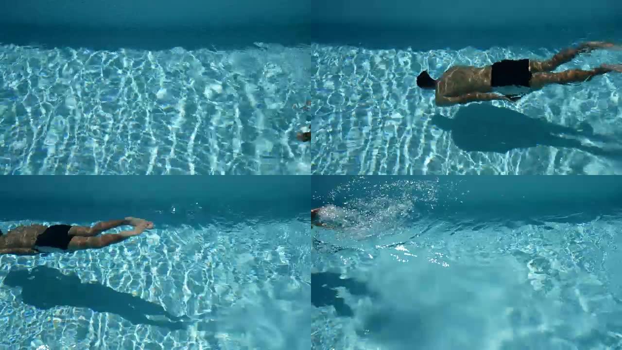 身体强健的年轻运动员在清澈的游泳池里游泳。夏季在热带地区的概念