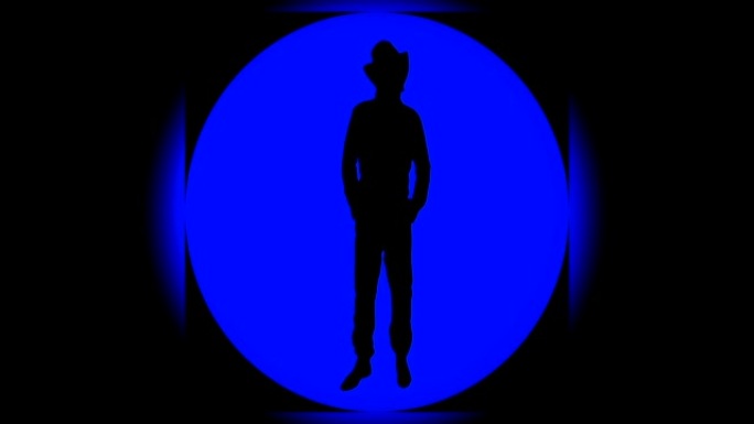 戴着帽子的欢快酷牛仔在圆形蓝色背景上跳舞很有趣。