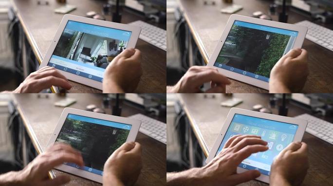 在智能设备上使用智能家居应用程序的人。智能住宅自动化