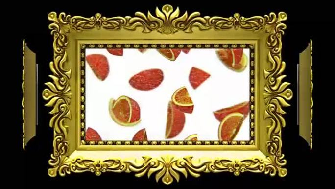 金色相框中的水果