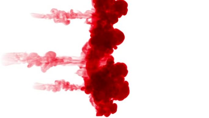 红色墨水溶解在白色背景的水中，亮度哑光。计算机模拟的3d渲染。墨水注入水中。许多流2