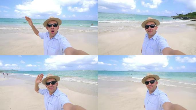快乐男人在夏威夷海滩以4k慢动作自拍