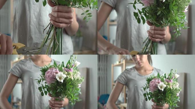 女孩花店剪掉了花的茎，手里拿着一束白色和粉红色调的花束，特写4k。