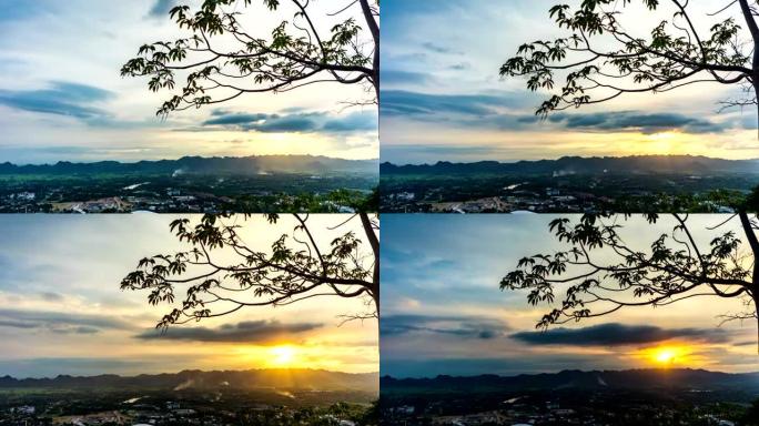 泰国米台和村庄日落时的山景背景。延时视频