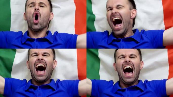 意大利球迷庆祝举着意大利国旗慢动作，4k，高品质