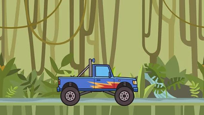 穿越雨林的动画大轮怪物卡车。在丛林和河流背景上移动大脚卡车。平面动画。