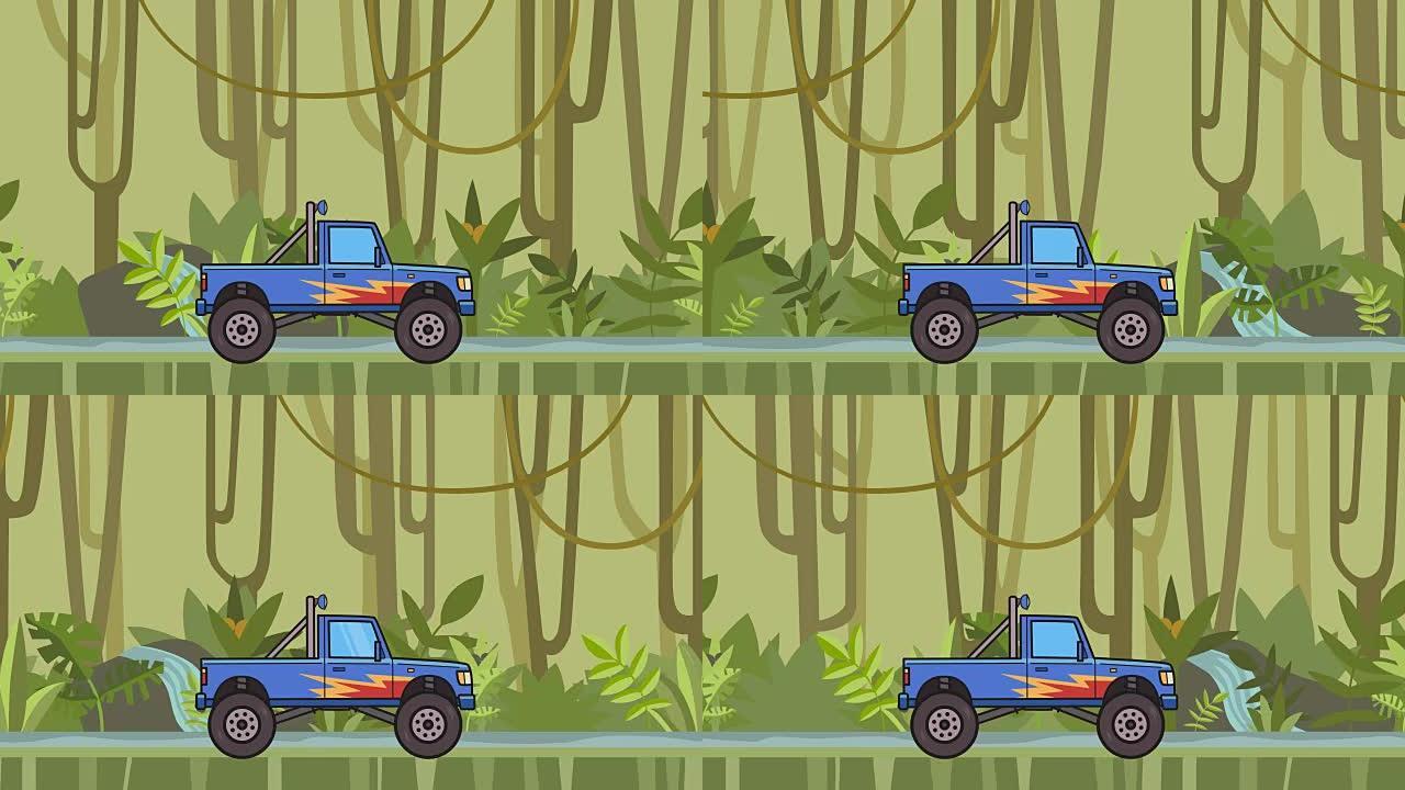 穿越雨林的动画大轮怪物卡车。在丛林和河流背景上移动大脚卡车。平面动画。