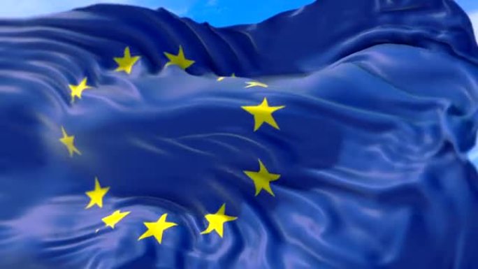 欧盟旗，带杆的欧元旗，飘扬的欧盟旗，蓝色背景上的黄色星星，蓝天白云