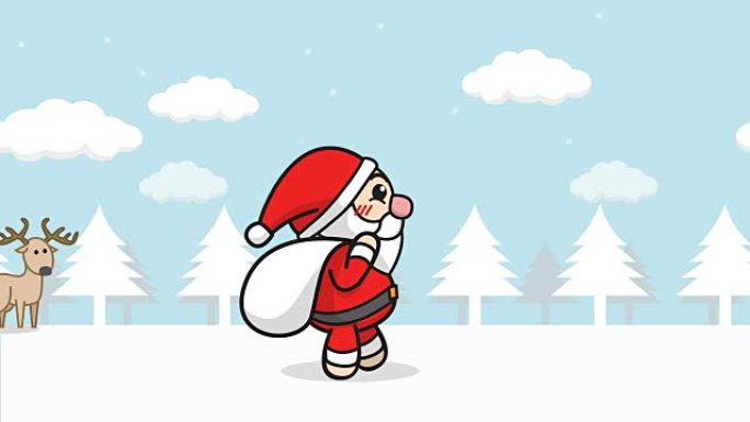 圣诞老人动画无缝循环。卡通圣诞老人与礼品袋走在雪林与冬季景观，雪落，雪人和驯鹿的背景。圣诞快乐镜头背