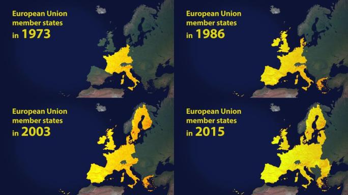 欧盟成员国分7个阶段，包括英国退欧与年份计数器