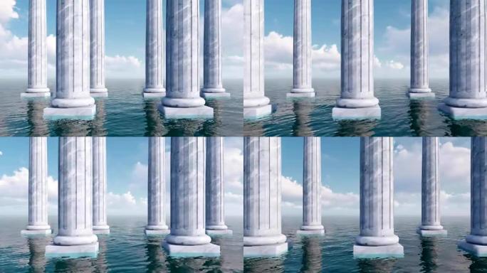 远海3D概念中的一排古老的柱子
