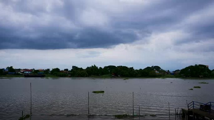 泰国大城府湄南河的河景和雨多云