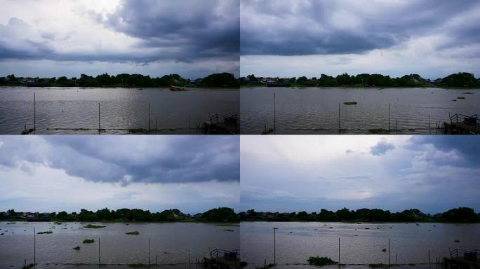 泰国大城府湄南河的河景和雨多云