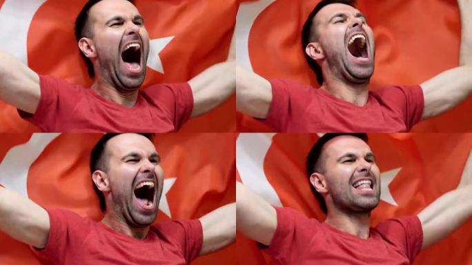 土耳其球迷在慢动作中举着土耳其国旗庆祝，4k，高品质