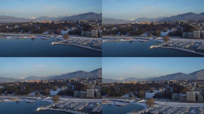 冬季下雪后的日内瓦湖鸟瞰图
