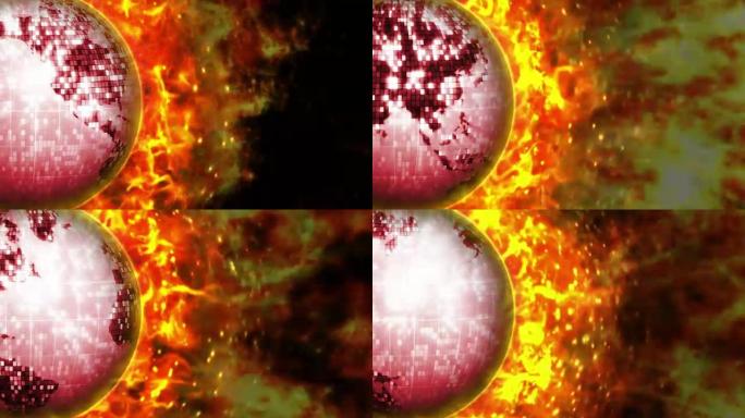 火热的地球迪斯科球背景和火焰，渲染，动画，背景，循环