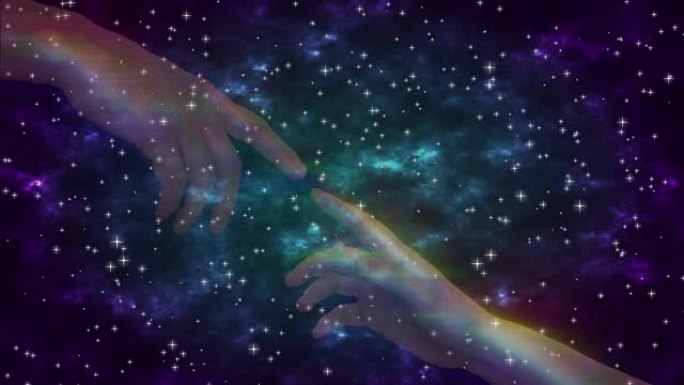 用手指，天堂和星星在背景上触摸半透明发光的手