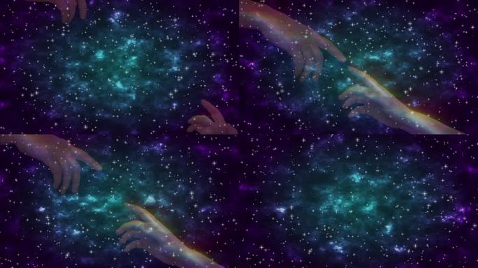 用手指，天堂和星星在背景上触摸半透明发光的手