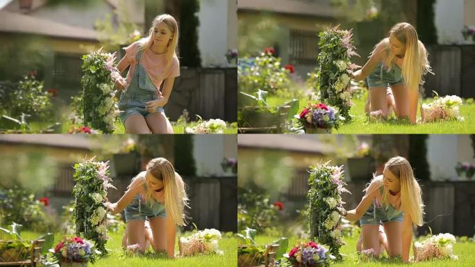 夏日阳光明媚闪亮的假期记忆 -- 女性少女微笑着在绿色神奇的草地花园享受鲜花装饰