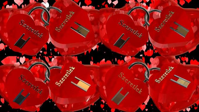 情人节，带有两个心形红色挂锁，带有匈牙利短语Szeretlek，我爱你，两个跳动的红色3D心脏和移动