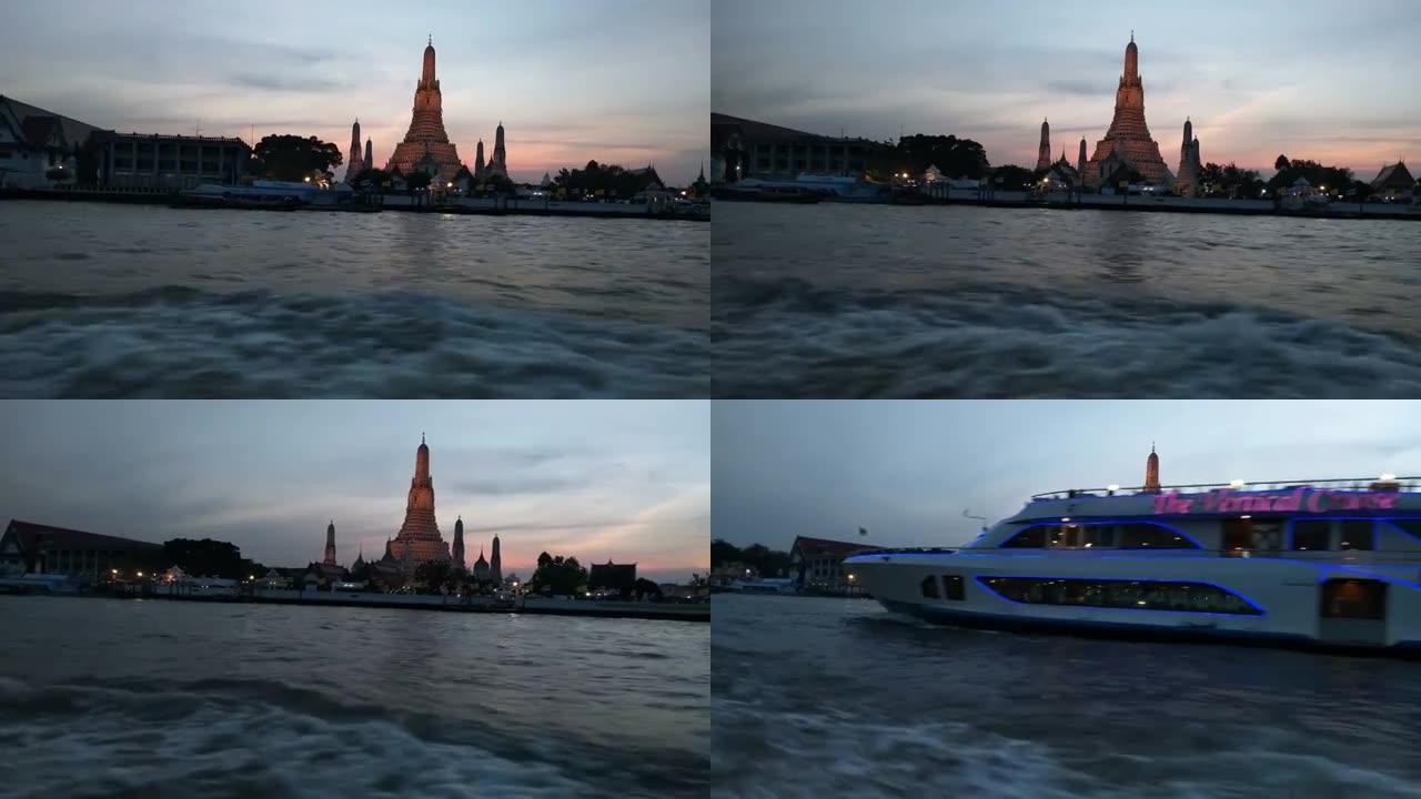 风景欣赏著名的地方剪影佛教寺庙Wat Arun从湄南河在曼谷，泰国-股票视频…