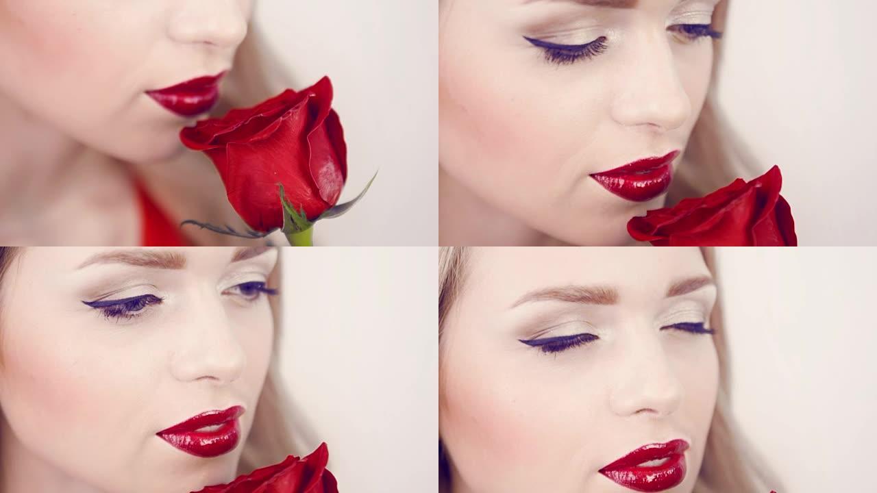 红唇红玫瑰女孩的特写脸。