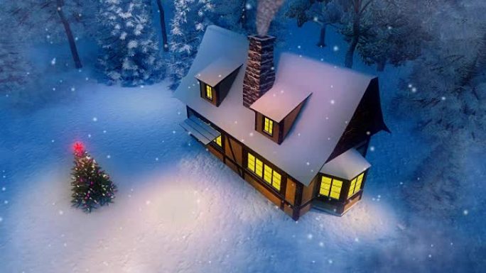 雪冬夜的乡村小屋和圣诞树鸟瞰图