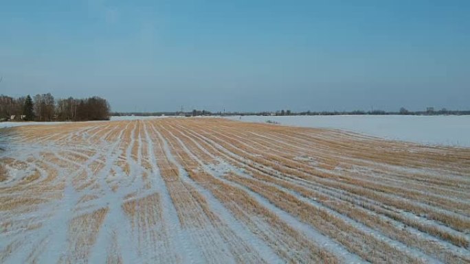 无人机在冬季田野上飞舞，麦茬在雪中