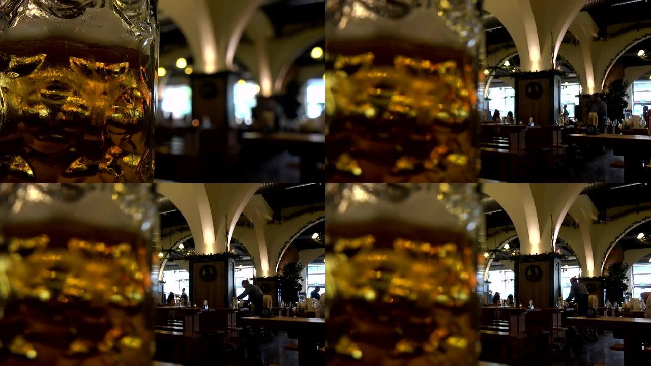德国啤酒屋，重点关注啤酒斯坦的特写镜头