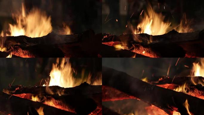 木头在晚上燃烧。消防营派对