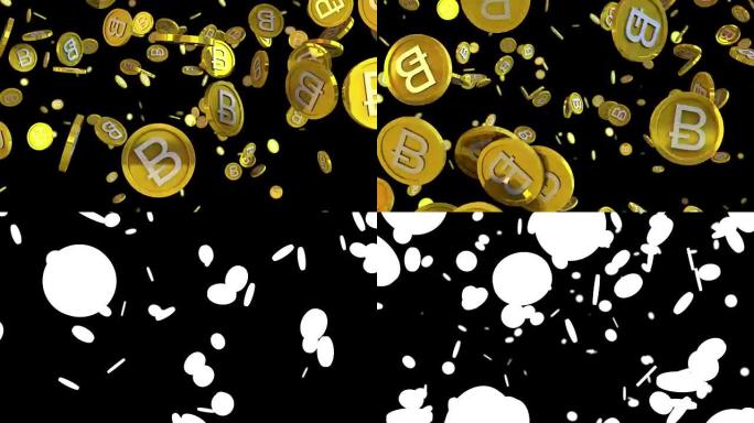 比特币硬币掉落在带有alpha的黑色背景上的3D动画