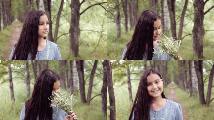 肖像。一个甜美美丽的小女孩在夏日阳光明媚的日子里嗅着一束鲜花站在大自然上，一边微笑着看着相机