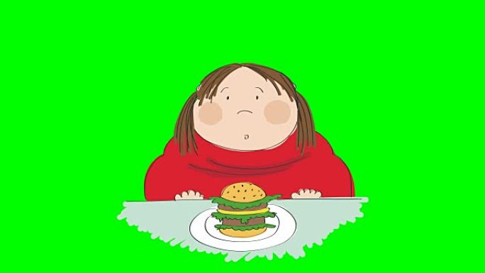 动画一个胖女人，汉堡包坐在快餐中，试图决定是否吃它，动画手绘卡通人物，色键绿色屏幕背景。