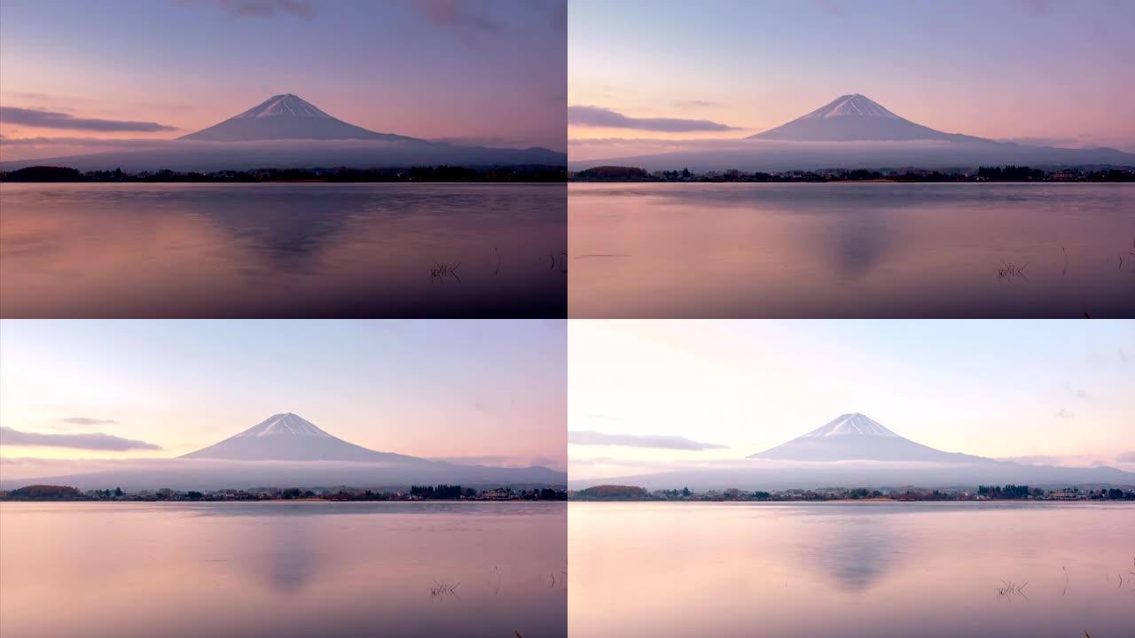 川口湖日出山富士反射的延时