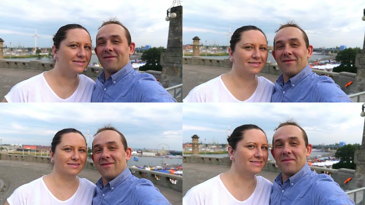 幸福的夫妇在波兰度假时以4k慢动作自拍