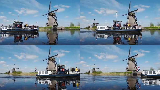 水道上著名的金德迪克磨坊。荷兰、欧洲。联合国教科文组织世界遗产