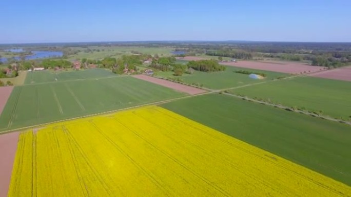 德国下萨克森州吕乔-丹嫩贝格区Damnatz附近的油菜籽田和易贝河耕地的鸟瞰图