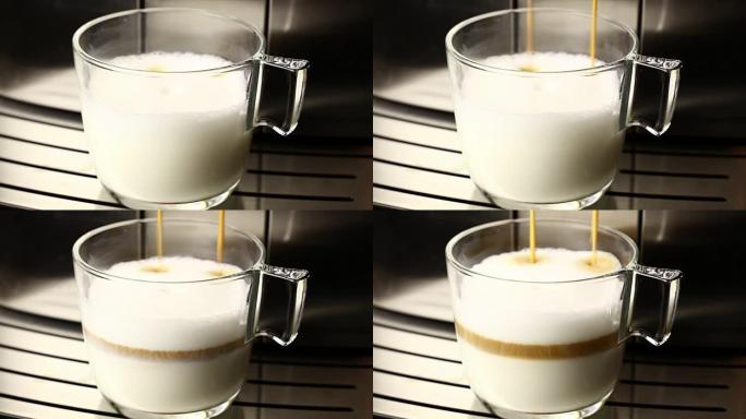 将浓缩咖啡添加到牛奶泡沫中，制成拿铁咖啡