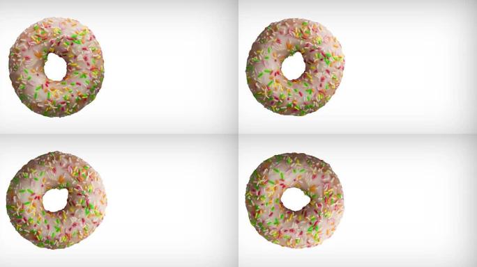 美味的甜甜圈，彩色洒在白色背景上旋转。甜甜圈特写。顶视图