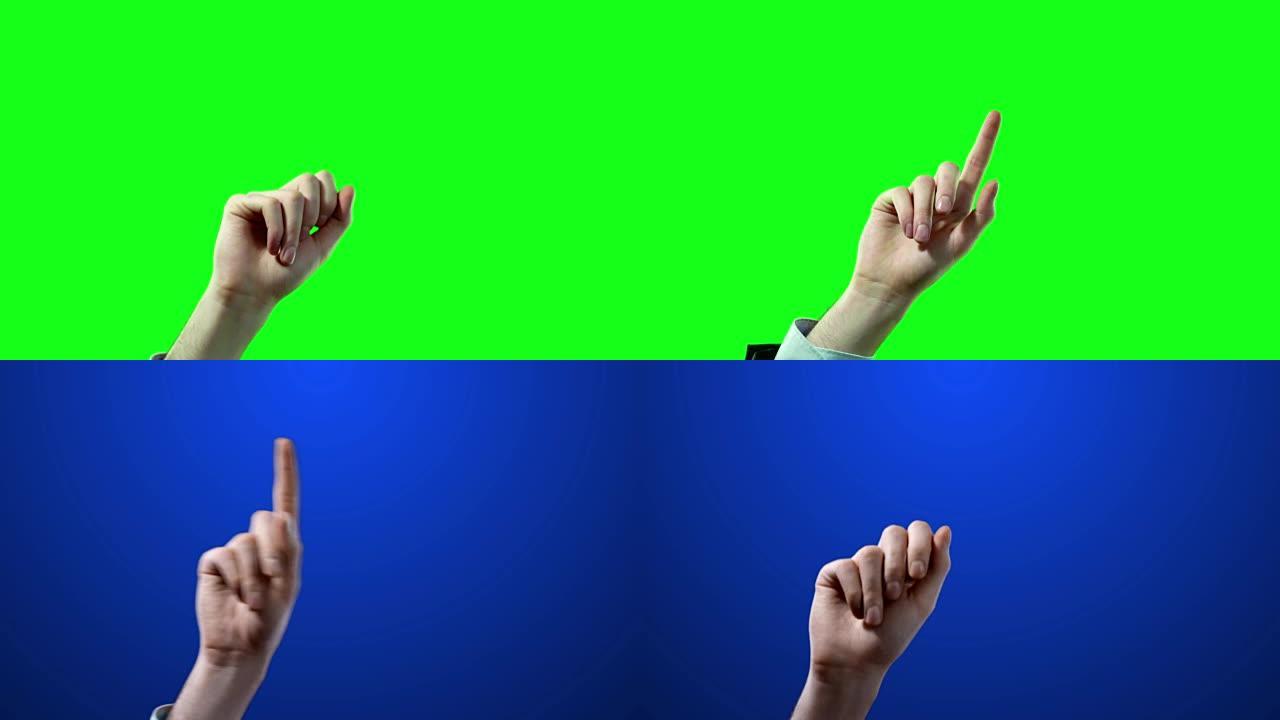 触摸屏运动，向右滑动，向左滑动，在绿屏4k视频镜头上放大和缩小手势。