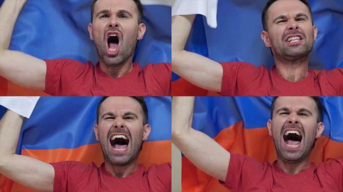 俄罗斯球迷庆祝举着俄罗斯国旗慢动作，4k，高品质
