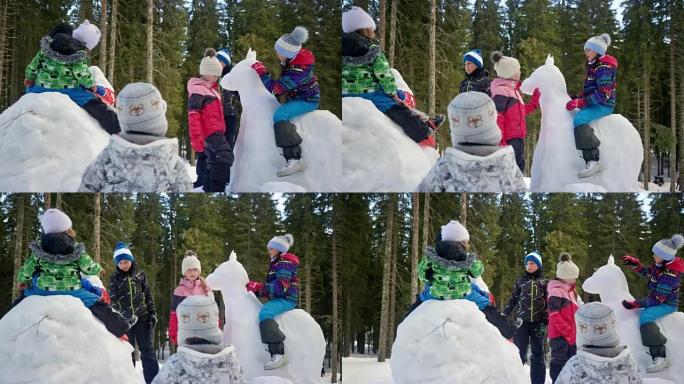 SLO MO的孩子们在白雪皑皑的操场上玩得开心，坐在他们用雪制成的动物上