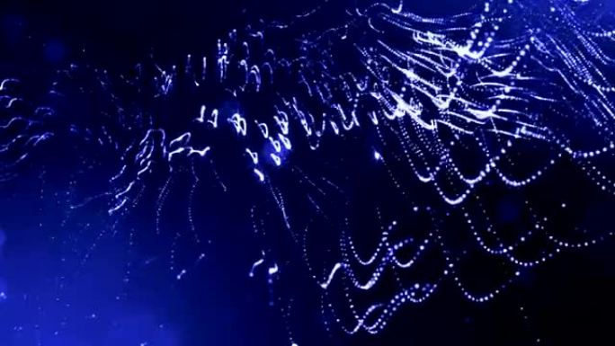 发光粒子的3d渲染作为科幻背景或现代抽象蓝色背景的粒子的景深和波克像vj循环。粒子形成线和弦结构。1