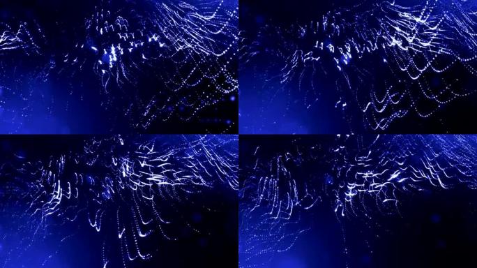 发光粒子的3d渲染作为科幻背景或现代抽象蓝色背景的粒子的景深和波克像vj循环。粒子形成线和弦结构。1