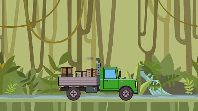动画绿色卡车，行李箱中的箱子穿过雨林。在丛林和河流背景上移动重型汽车。平面动画。