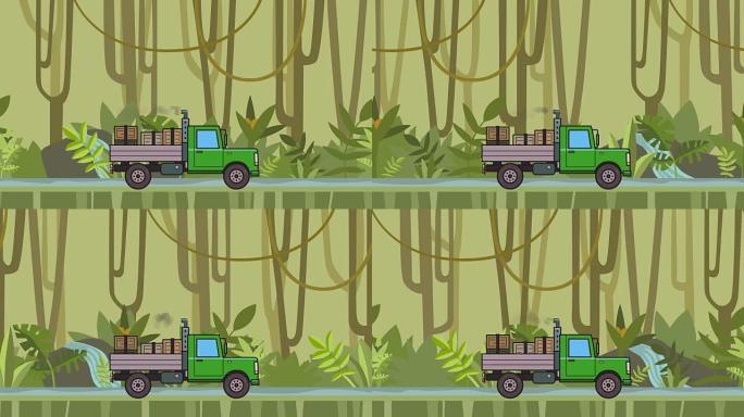 动画绿色卡车，行李箱中的箱子穿过雨林。在丛林和河流背景上移动重型汽车。平面动画。